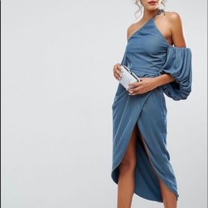 One Shoulder Velvet Drape Midi Dress